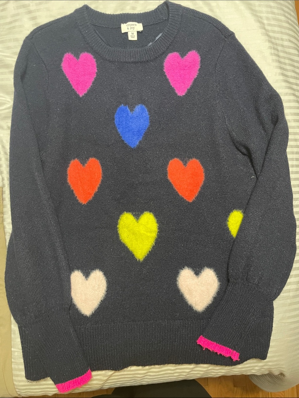 crown & ivy Navy Crewneck Sweater with Multicolor Heart Motifs